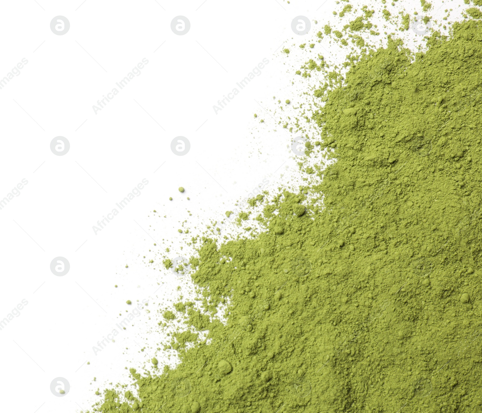 Photo of Green matcha powder isolated on white, top view