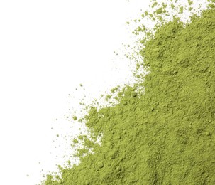 Photo of Green matcha powder isolated on white, top view