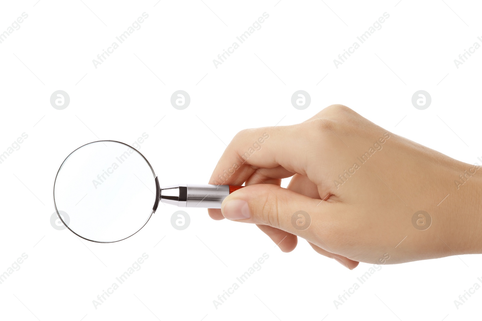 Photo of Woman holding magnifying glass on white background, closeup