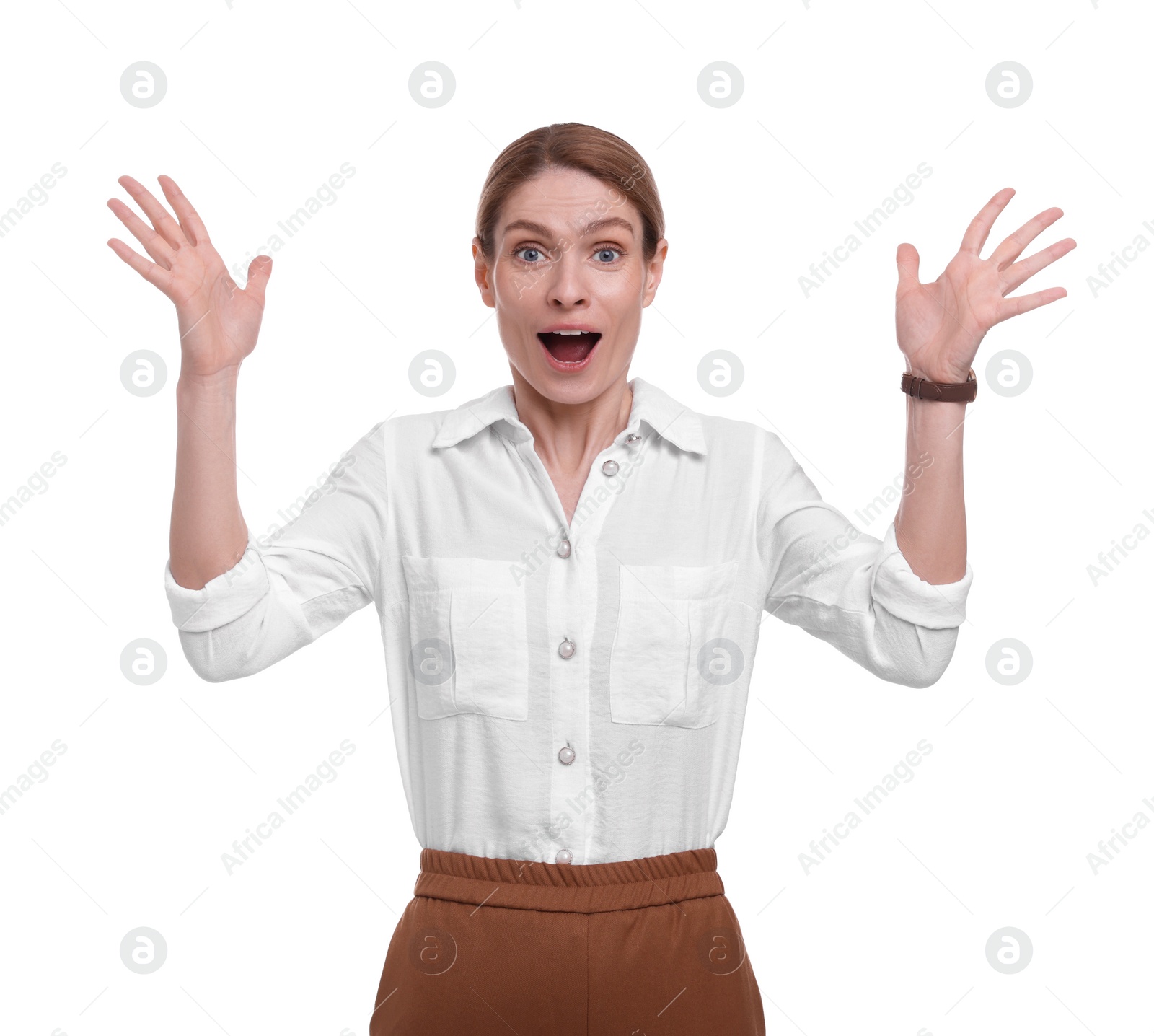 Photo of Beautiful surprised businesswoman posing on white background