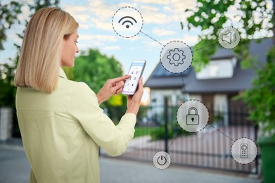 Image of Woman using smart home control system via application on mobile phone outdoors. Different icons near her