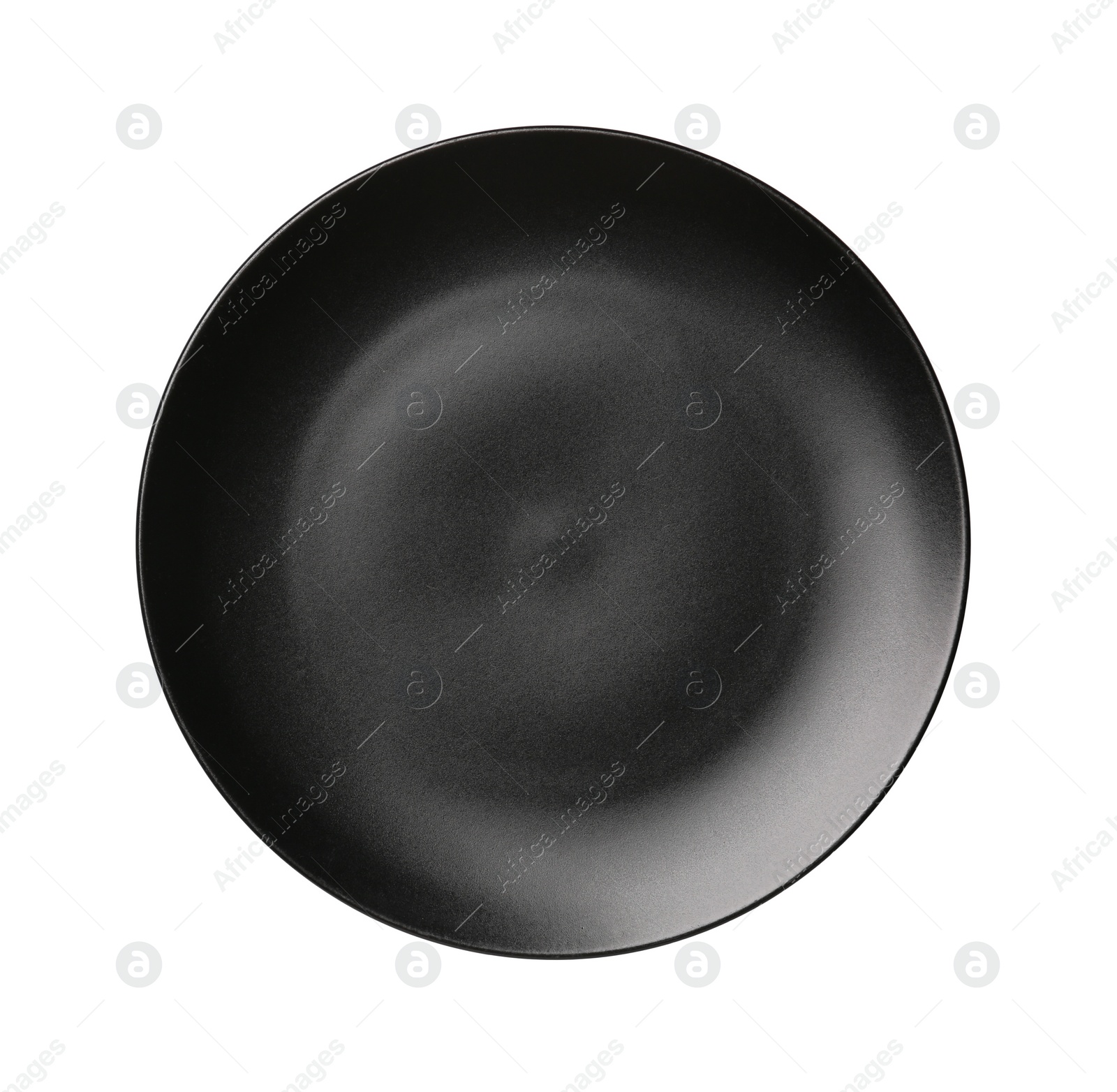 Photo of One black plate on white background, top view. Ceramic dinnerware