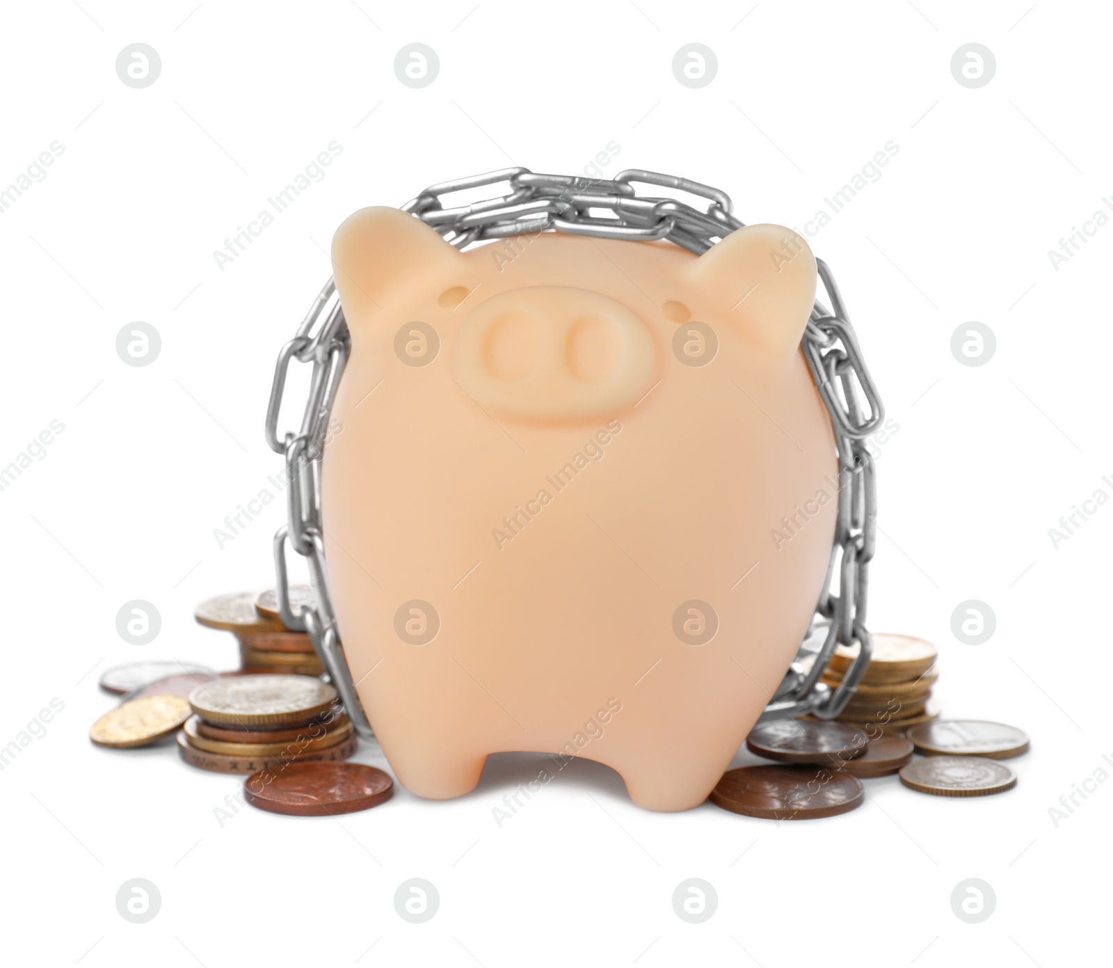 Photo of Piggy bank with steel chain and coins isolated on white. Money safety concept