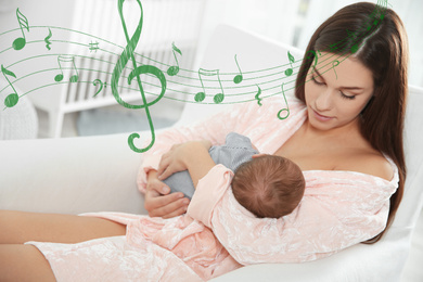 Image of Flying music notes and young woman with her baby at home. Lullaby songs 