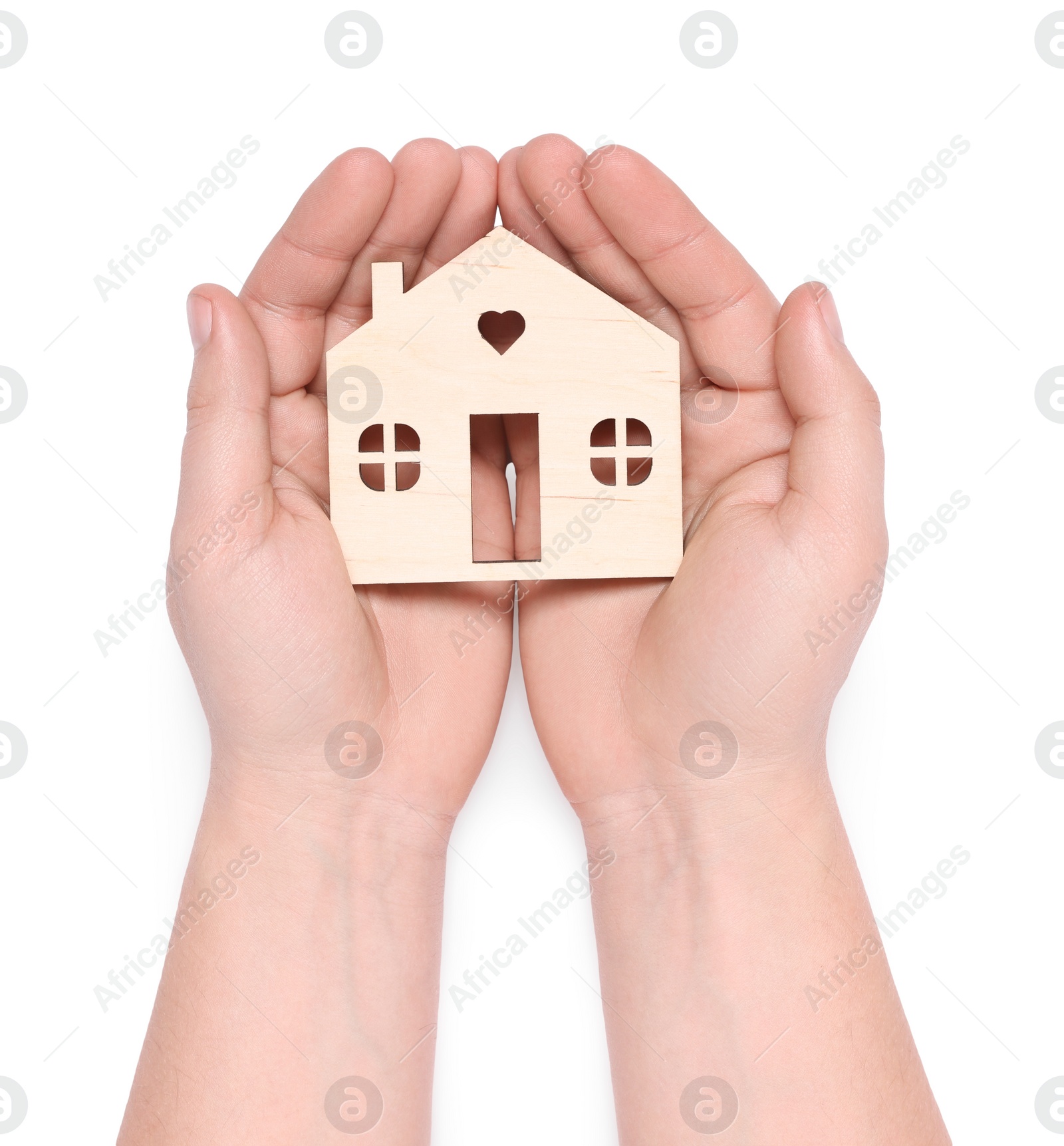 Photo of Home security concept. Man holding house model on white background, top view