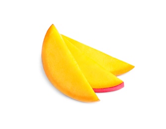 Juicy mango slices on white background. Tropical fruit