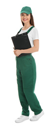 Photo of Full length portrait of professional auto mechanic with clipboard on white background