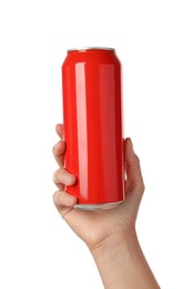 Photo of Woman holding red aluminum can on white background, closeup