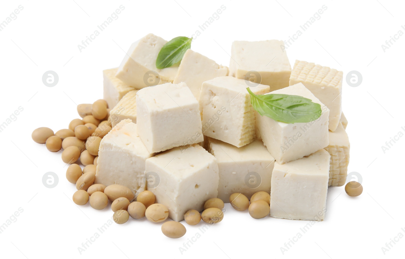 Photo of Delicious tofu cheese, basil and soybeans isolated on white