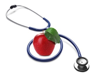 Image of Stethoscope and red apple on white background 