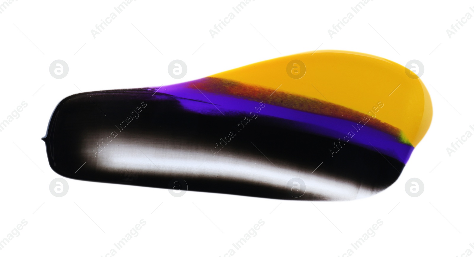 Photo of Black, yellow and purple paint samples on white background, top view