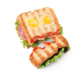 Photo of Cute monster sandwich with fried eggs isolated on white. Halloween snack