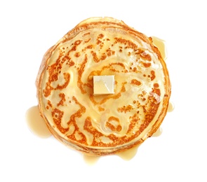 Photo of Stack of thin pancakes with butter on white background, top view