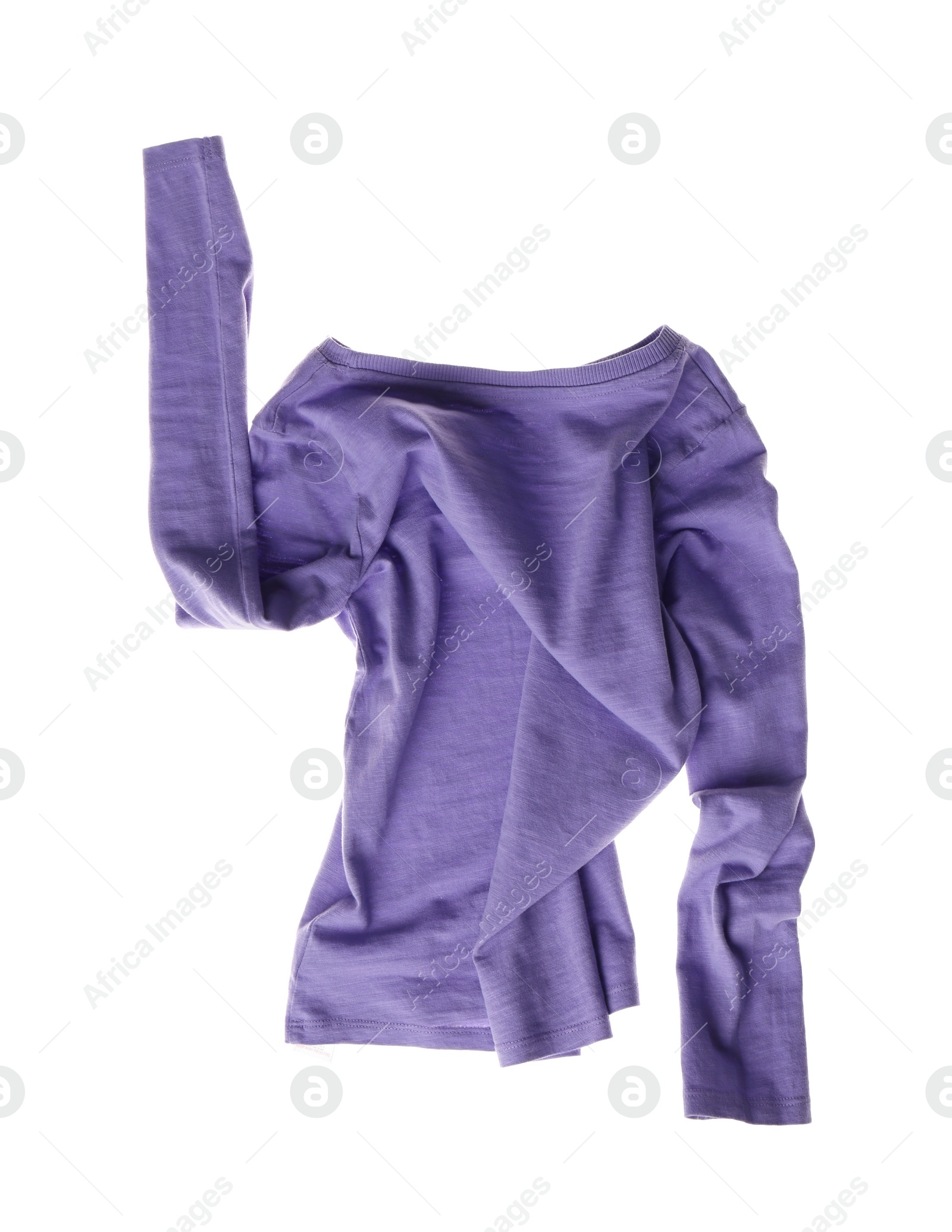 Photo of Rumpled purple shirt isolated on white. Messy clothes