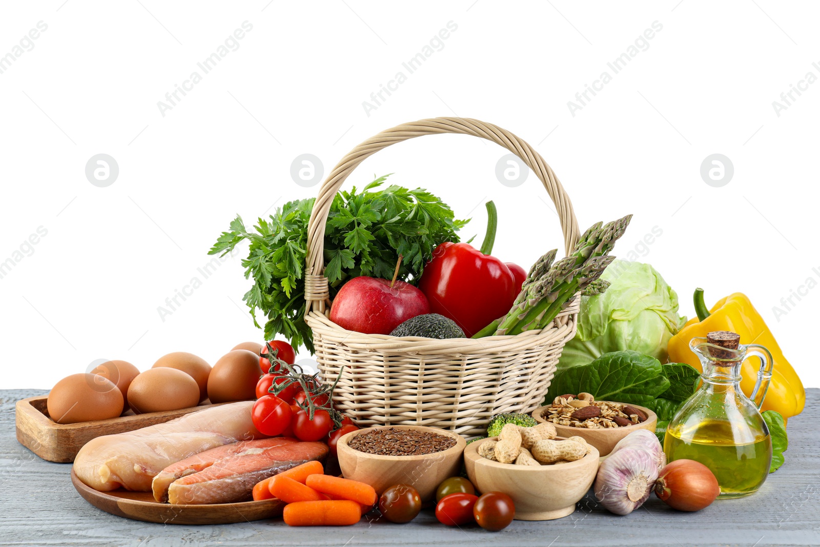 Photo of Healthy food. Basket with different fresh products on grey wooden table against white background