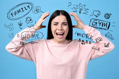Image of Stressed young woman, text and drawings on light blue background