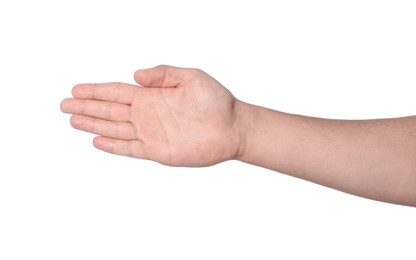 Man showing palm on white background, closeup