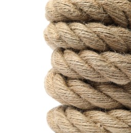 Photo of Bundle of hemp rope isolated on white, closeup