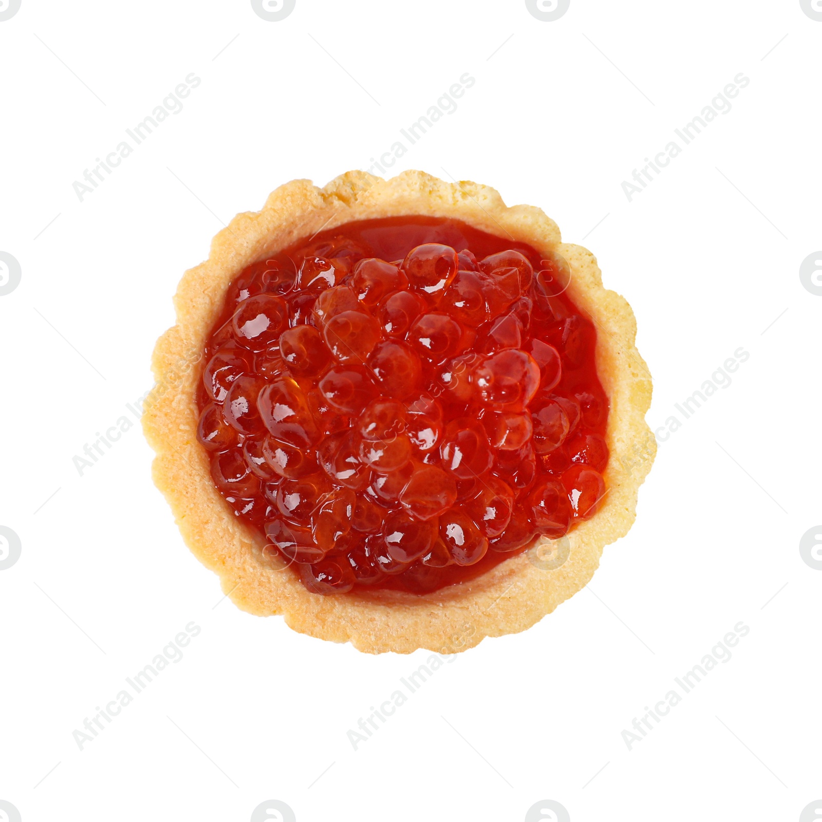 Photo of Delicious tartlet with red caviar on white background, top view