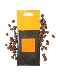 Photo of Scented sachet and coffee beans on white background, top view