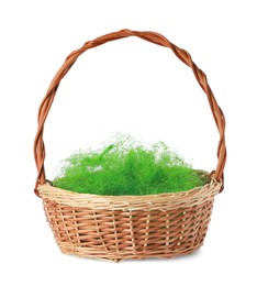 Photo of Easter wicker basket with decorated grass isolated on white