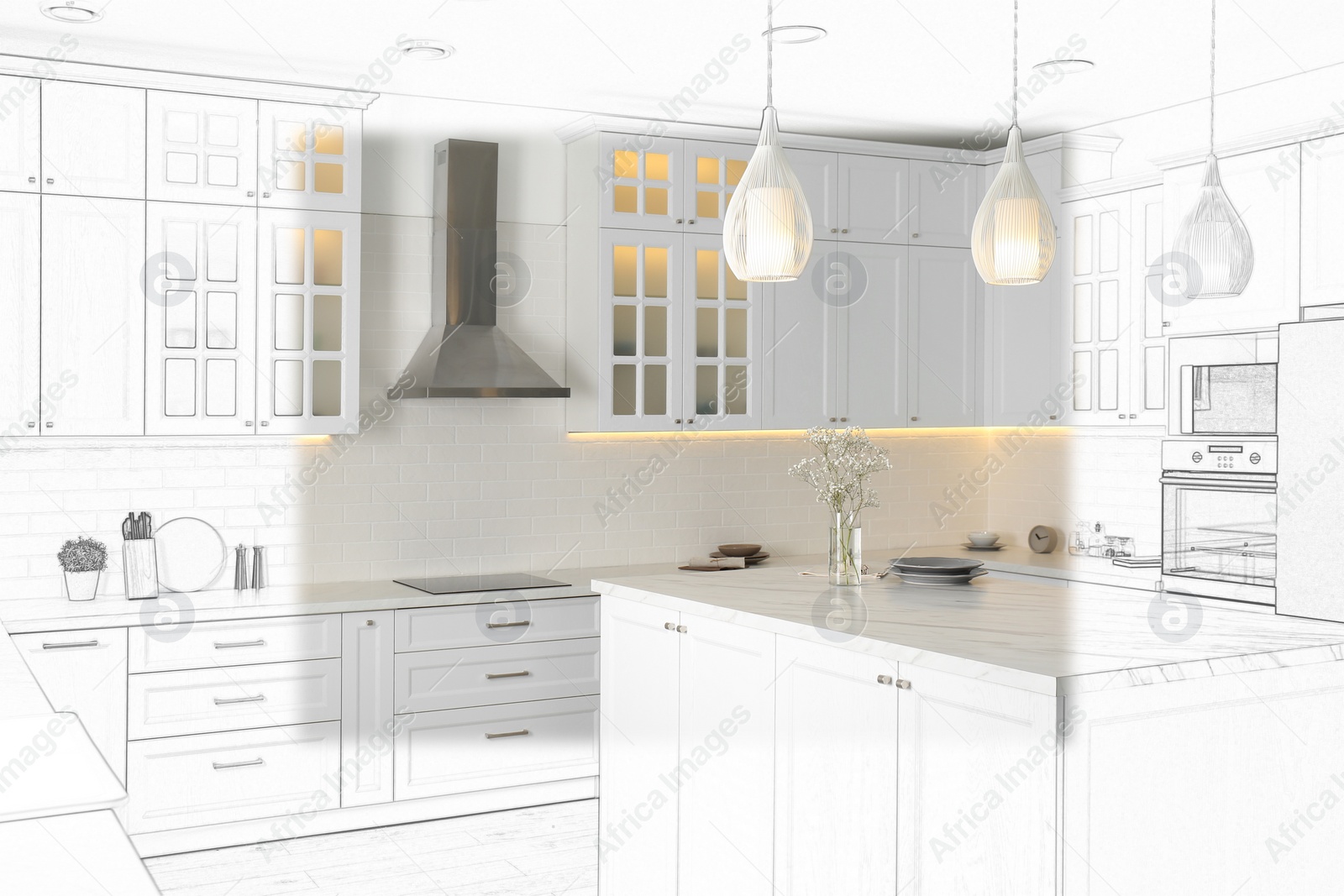 Image of Modern kitchen with stylish white furniture. Illustrated interior design