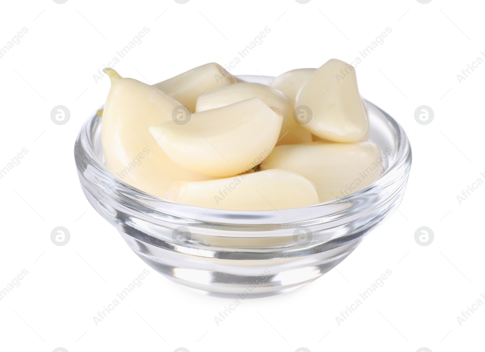 Photo of Peeled cloves of fresh garlic in bowl isolated on white