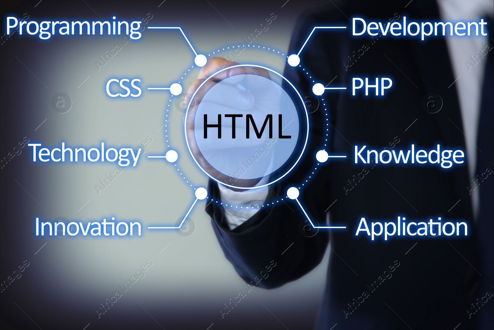 Image of Web development. Man near virtual screen with scheme, closeup 