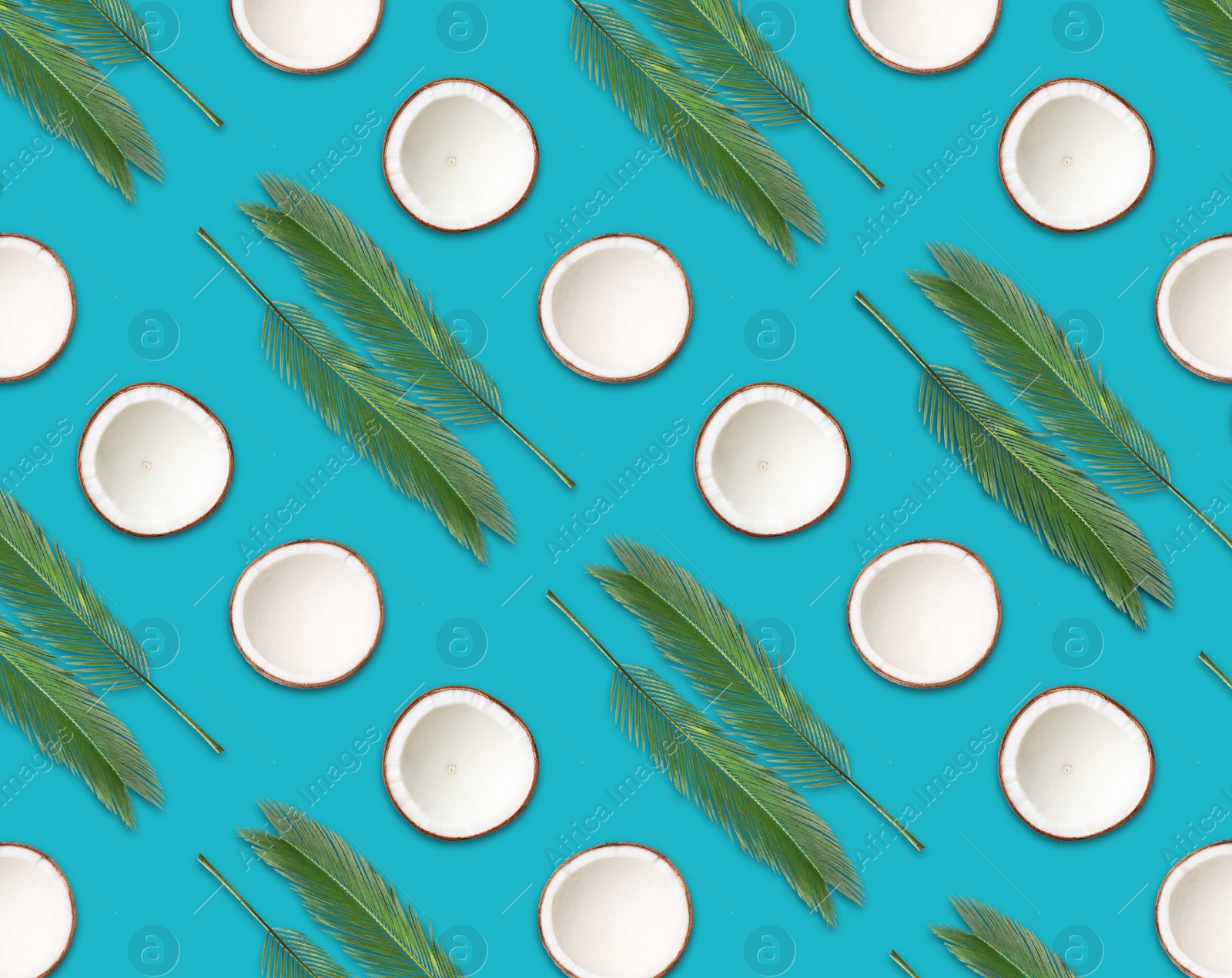 Image of Pattern of coconut halves and palm leaves on blue background