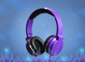 Image of Modern headphones with illustration of sound equalizer on color background