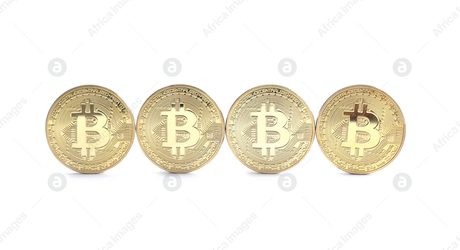 Photo of Row of bitcoins isolated on white. Digital currency