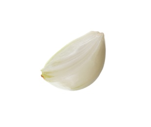 Photo of Slice of fresh ripe onion on white background