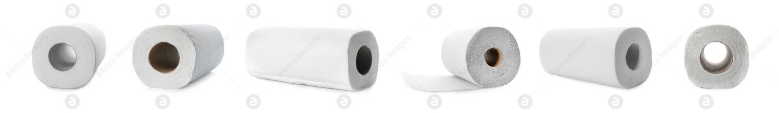 Image of Set with rolls of paper tissues isolated on white, banner design 