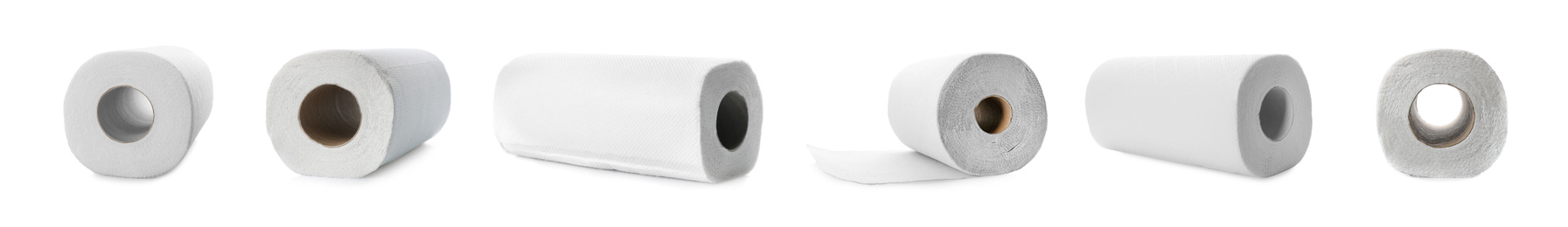 Image of Set with rolls of paper tissues isolated on white, banner design 