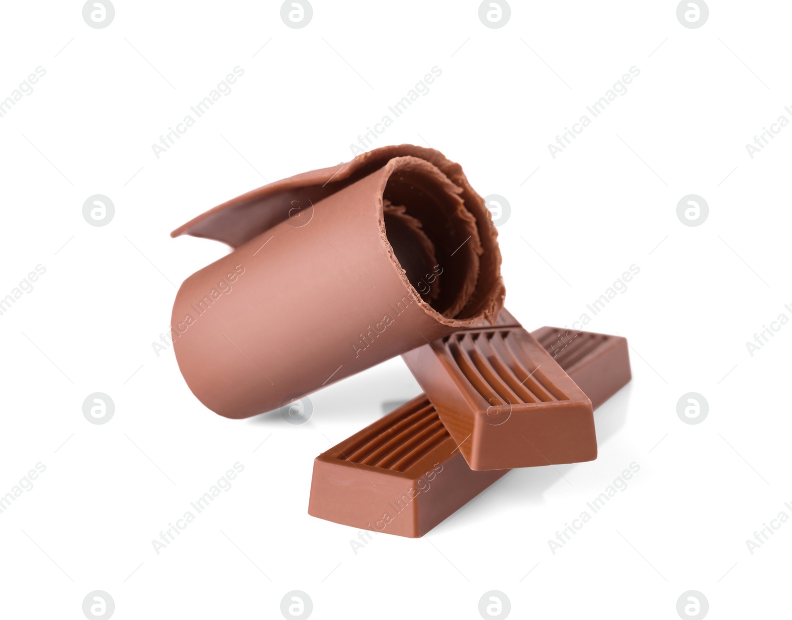 Photo of Chocolate curl and pieces isolated on white