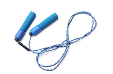 Photo of Jump rope on white background, top view