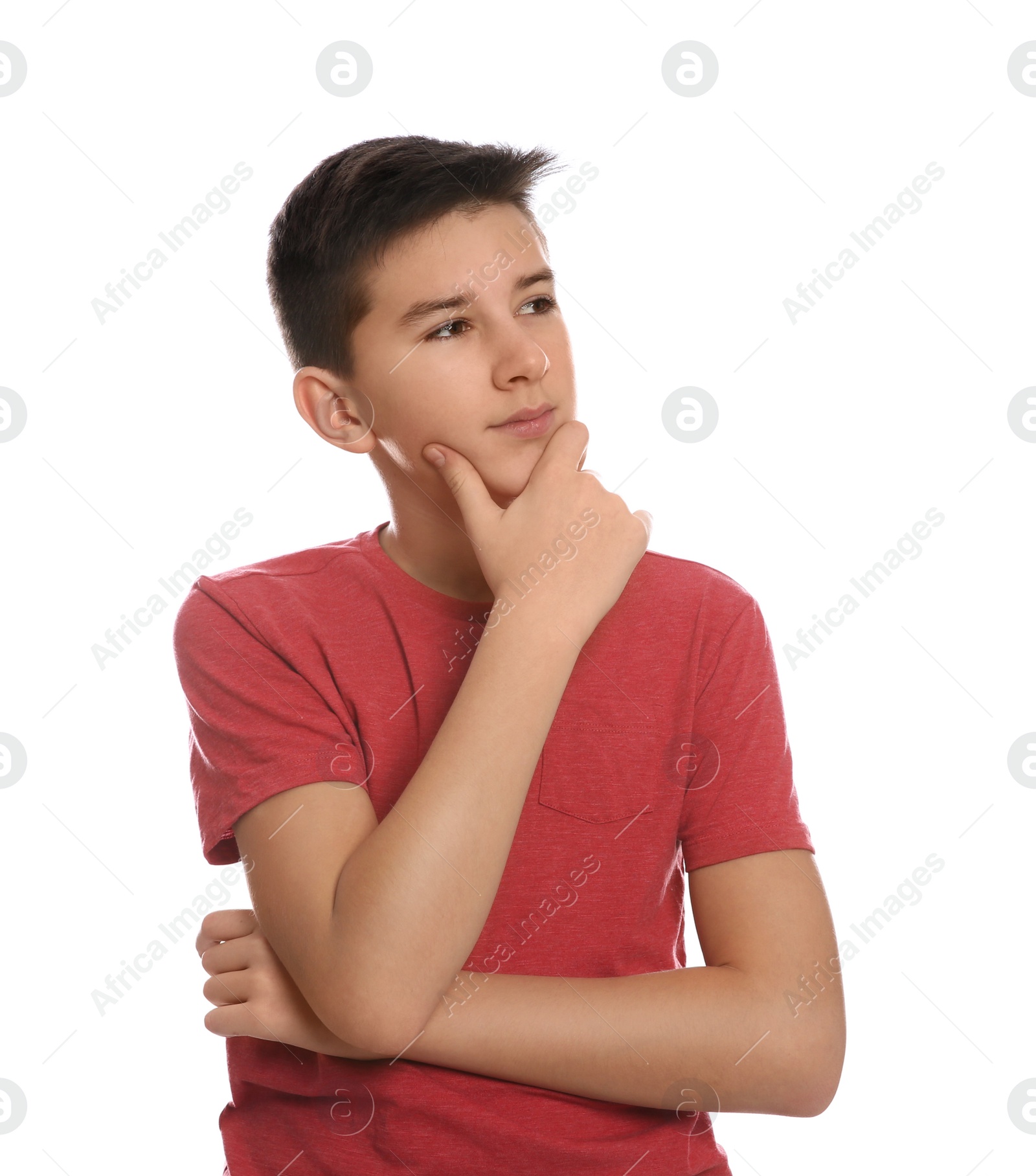 Photo of Portrait of thoughtful teenage boy on white background