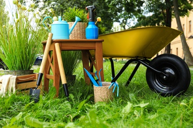 Photo of Composition with gardening tools on green grass