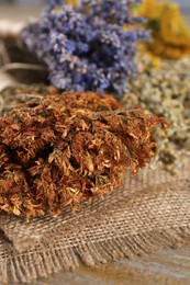 Different dry herbs and burlap fabric on table, closeup