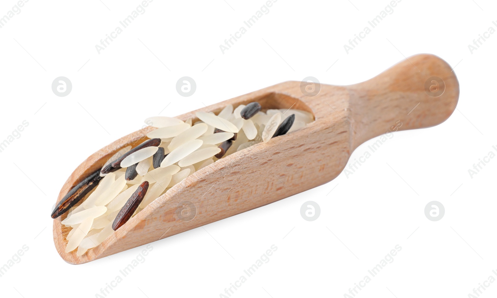 Photo of Mix of brown and polished rice in scoop isolated on white