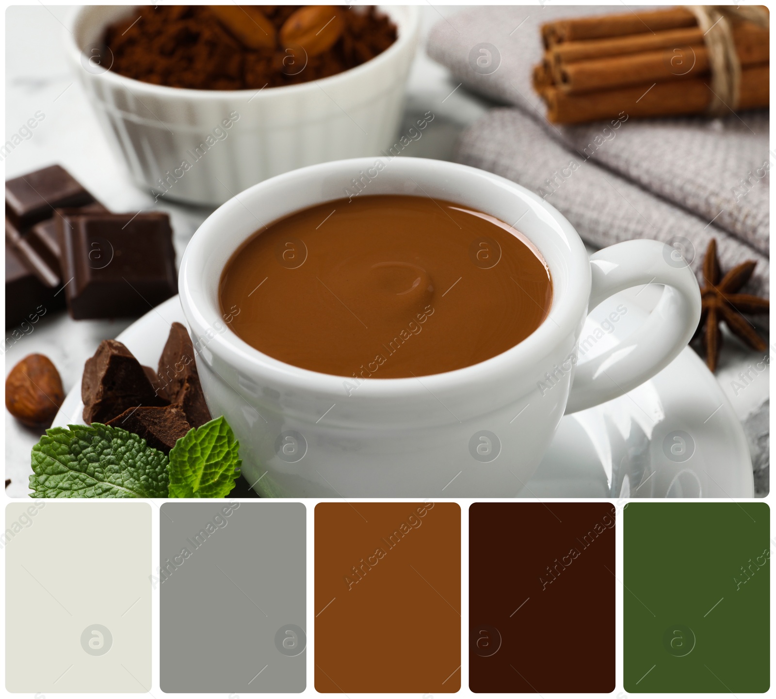 Image of Yummy hot chocolate in cup on white table and color palette. Collage