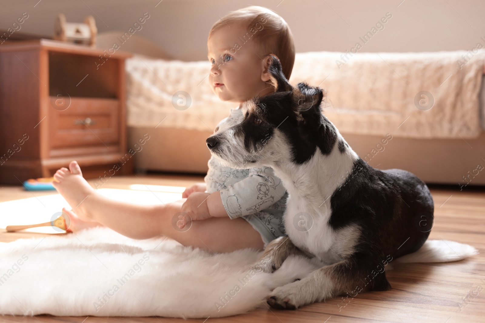 Photo of Adorable baby and cute dog on faux fur rug at home