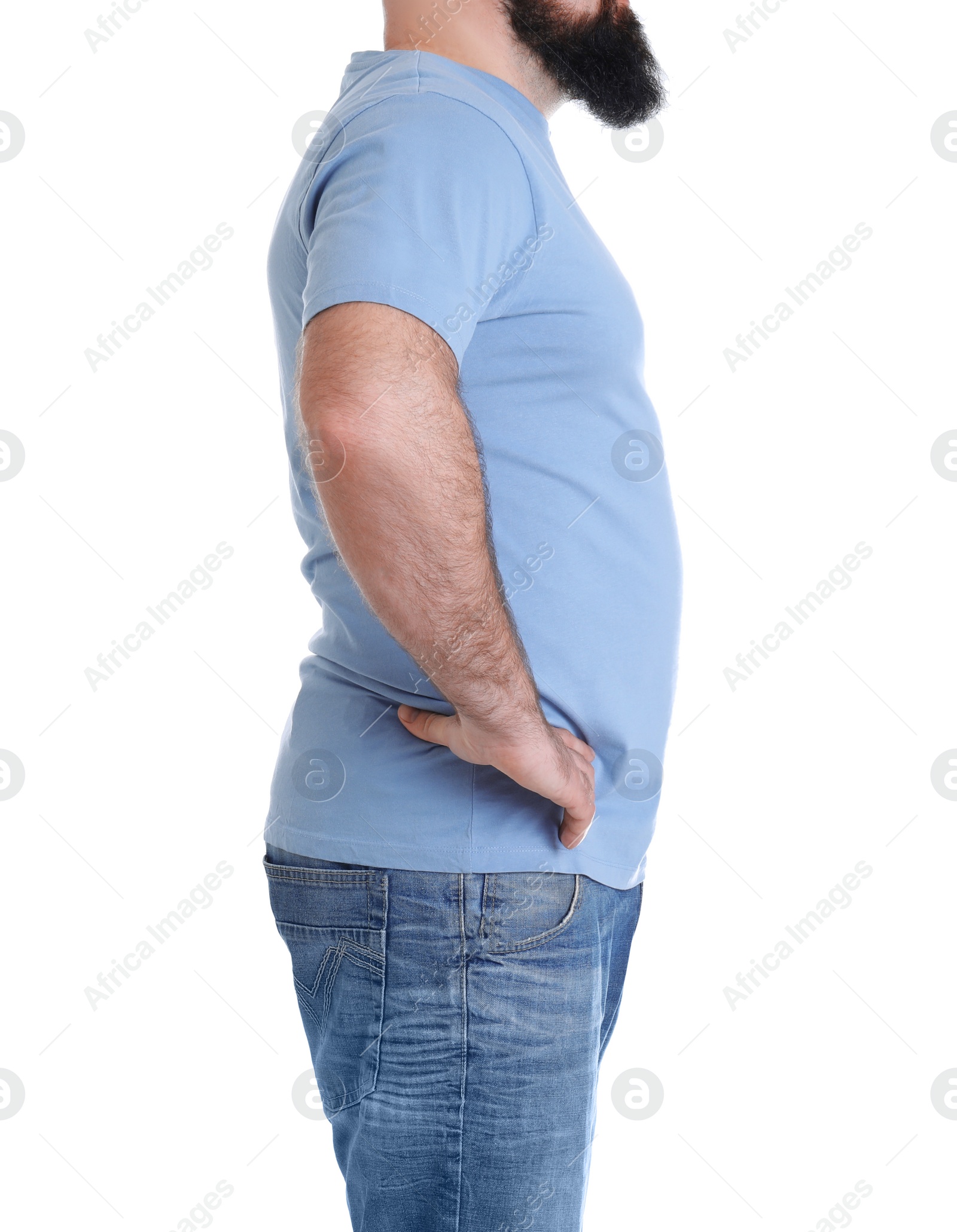 Photo of Overweight man isolated on white, closeup. Weight loss