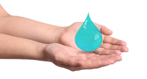 Woman holding image of water drop on white background, closeup