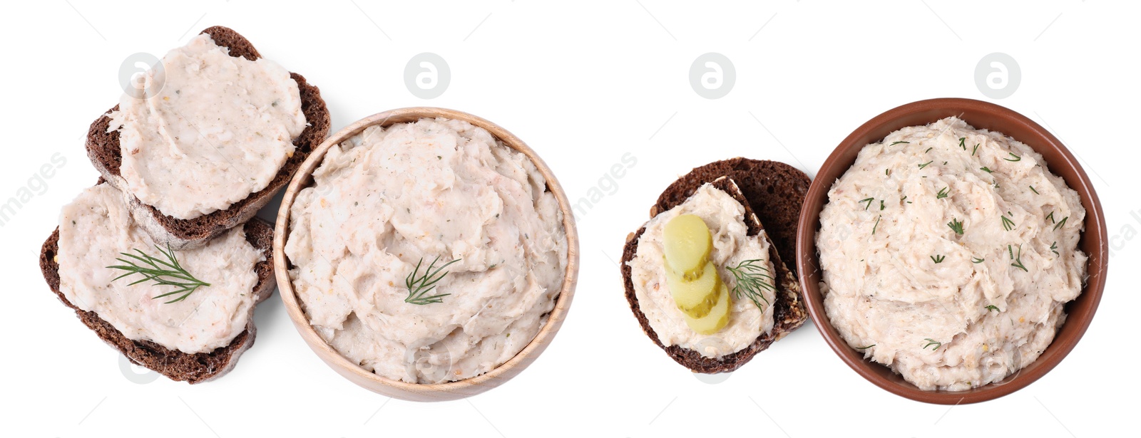 Image of Delicious lard spread and sandwich on white background, top view. Banner design