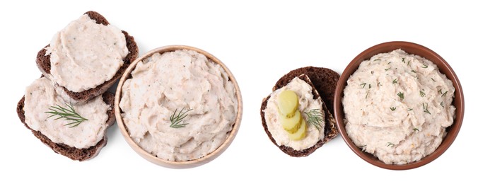Delicious lard spread and sandwich on white background, top view. Banner design