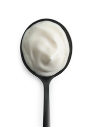 Photo of One black spoon with sour cream isolated on white, top view