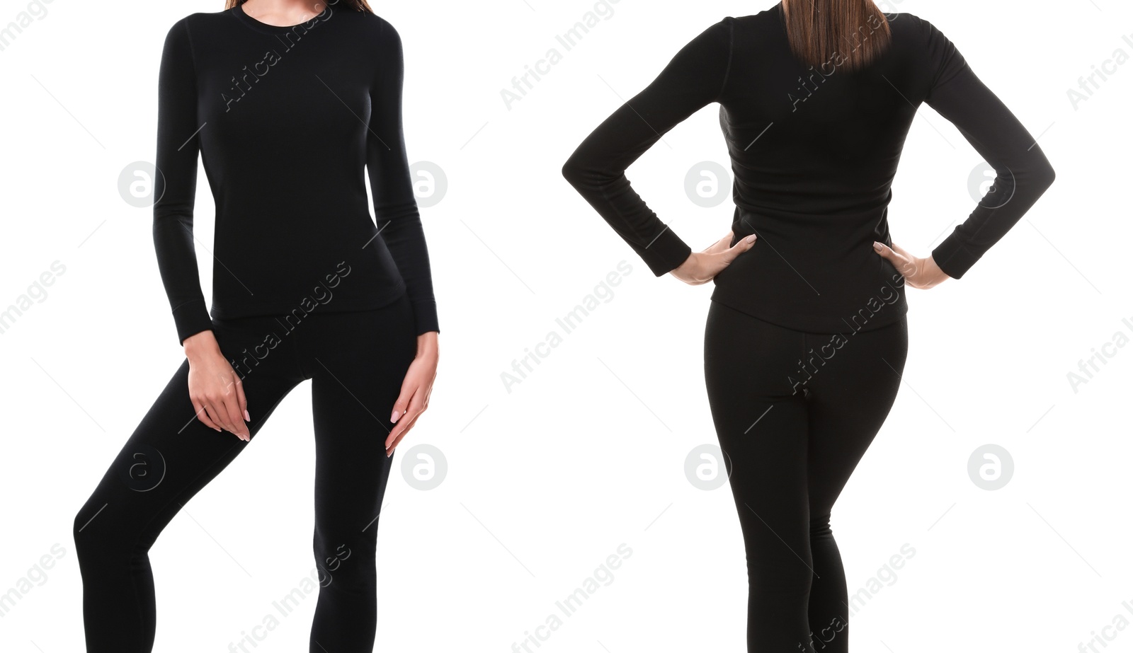Image of Collage of woman wearing thermal underwear isolated on white, closeup
