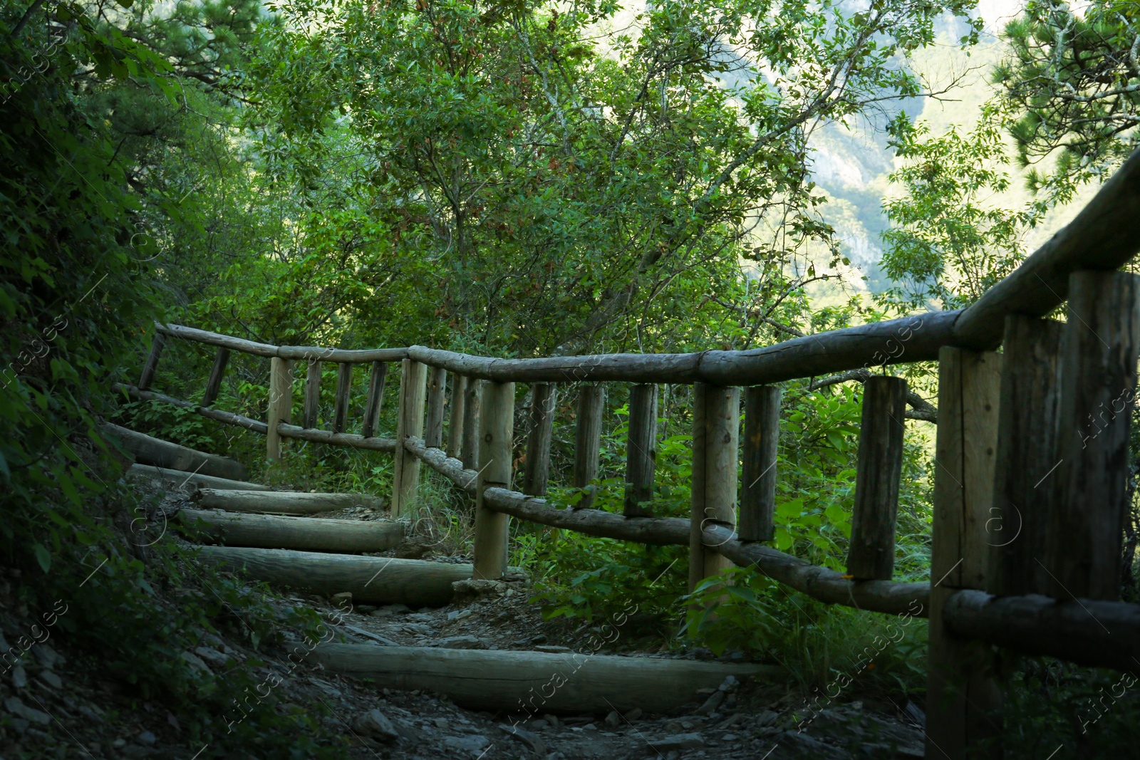 Photo of Beautiful wooden fence and stairs in high mountains