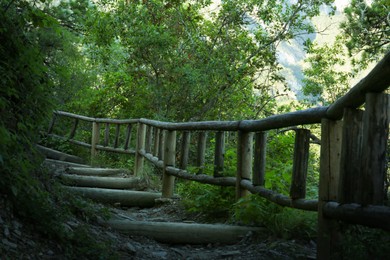 Beautiful wooden fence and stairs in high mountains